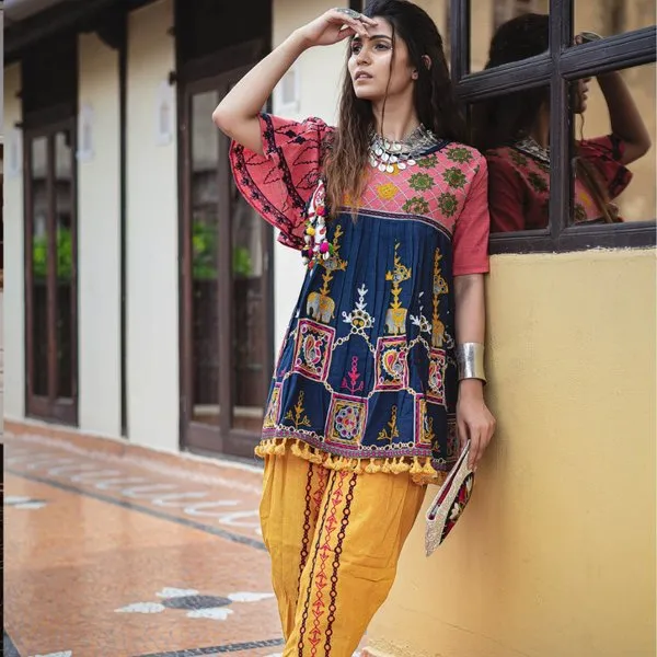 Navy Blue Khadi Embroidered Kedia With One Side Sleeve And Tulip Pants Set
