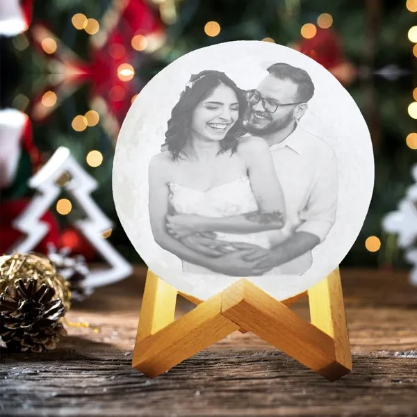 Christmas Husband and Wife 3D Multicolor Moon Lamp with Photo and Personalised Text - Touch Control