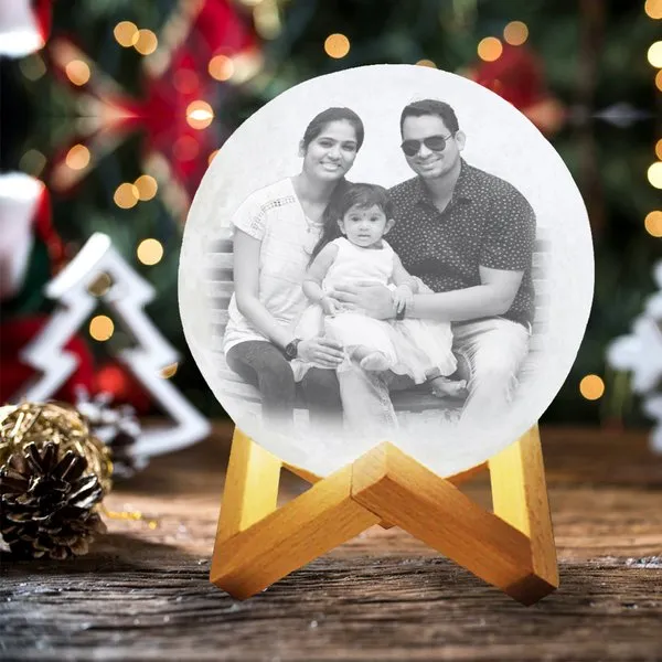 Christmas Family 3D Multicolor Moon Lamp with Customised Photo and Personalised Text - Touch Control