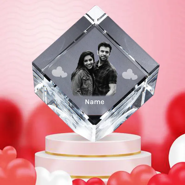 Custom 3D Cube Cut Crystal Photo & Name Personalised for Valentine's Day