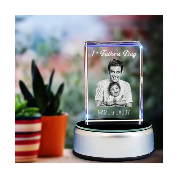 1st Father's Day Baby Name & Daddy Photo Personalized Rectangular Crystal | Gift for Father