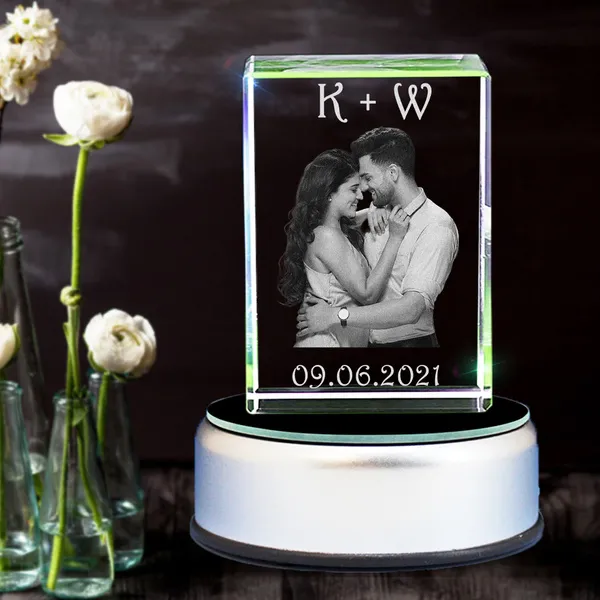 Newly Wedded Couple Name Initials, Date & Photo Personalized Wedding Rectangular Crystal | Wedding Gifts