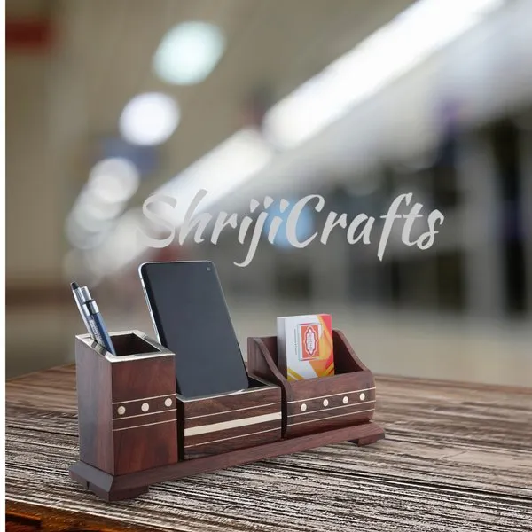 Wooden Pen Stand Mobile Stand and Visiting Card Holder