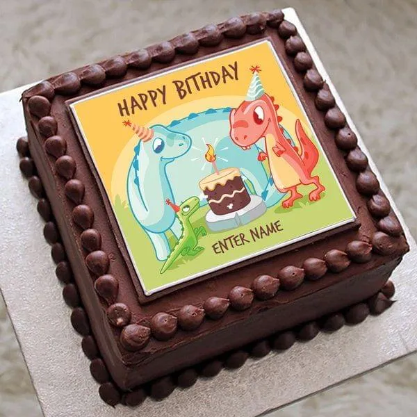 Eggless Dino Family Wishing Happy Birthday Personalised Birthday Cake for Kids