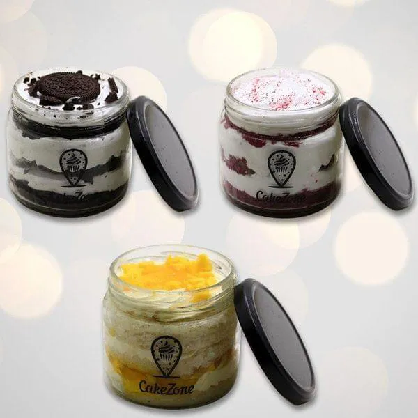 Eggless Pack of 3 Assorted Jar Cakes - Chocolate Oreo, Red Velvet & Mango