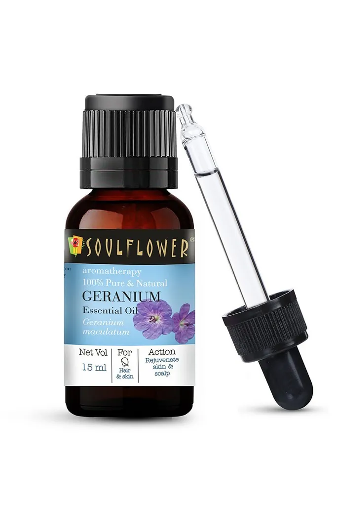 Soulflower Geranium Essential Oil for Body Ache, Joint Massage, Topical Hair & Skin Treatments High Potency Aromatherapy, 100% Pure, Natural & Undiluted Oil, 15ml