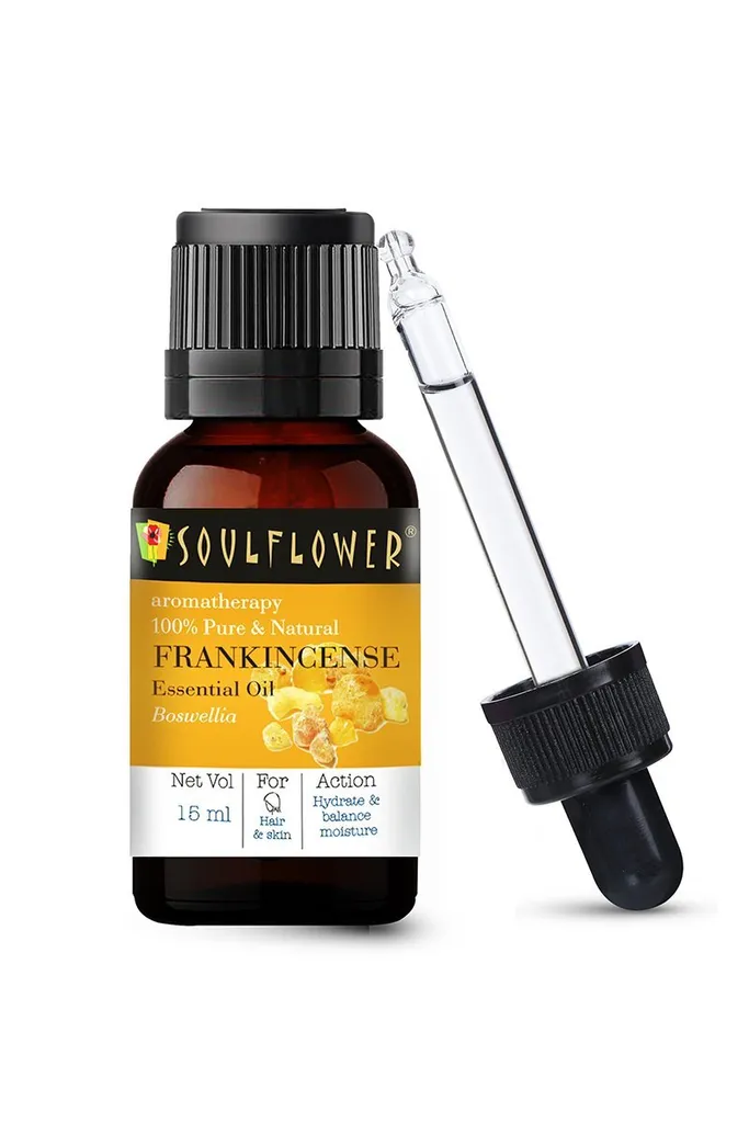 Soulflower Frankincense Essential Oil for Sunburn, Wrinkles & Scars Reduction, Strong Hair Roots, 100% Pure, Natural & Undiluted Oil, 15ml