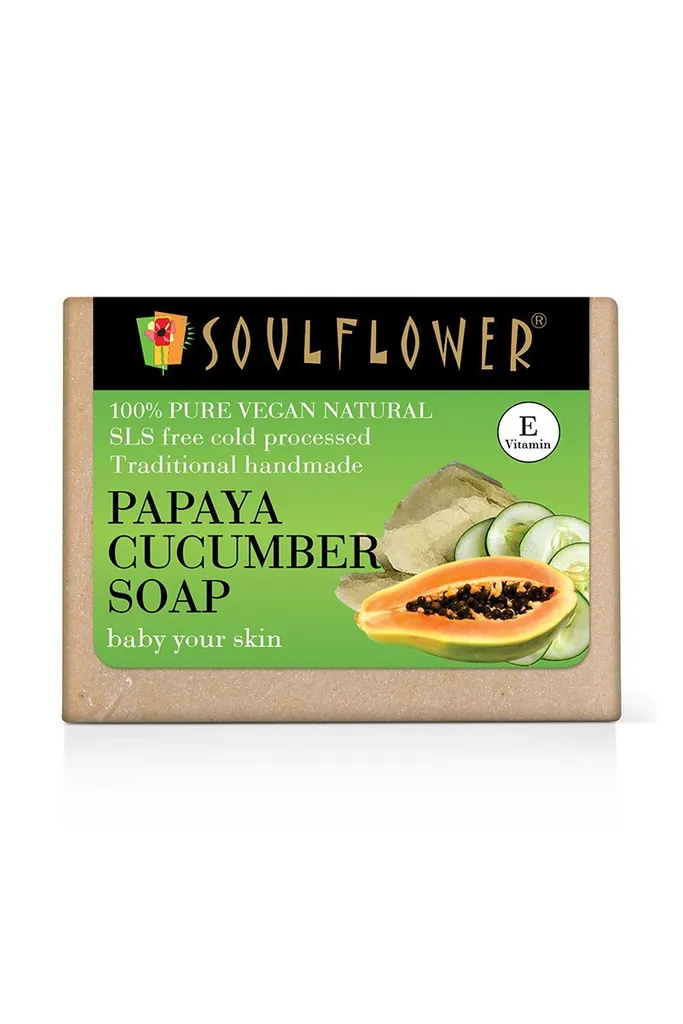 Soulflower Cleansing Papaya Cucumber Soap for Dark Spots, Anti Aging, Sunburn, Skin Cleansing, 150g