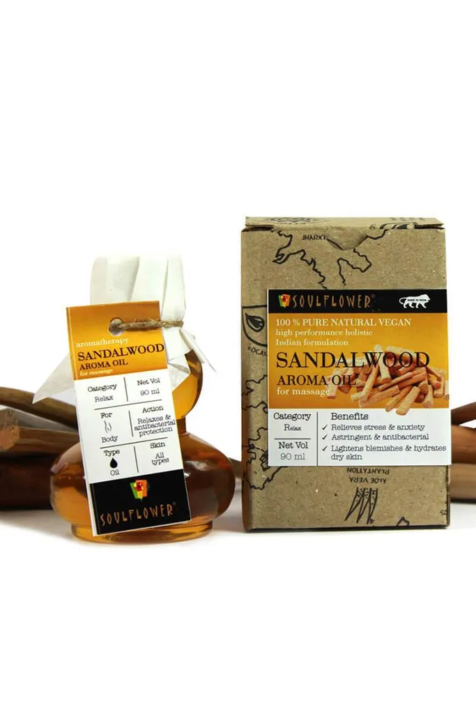 Soulflower Sandalwood Aroma Massage Oil For All Skin Types, Instant Energy, 90ml