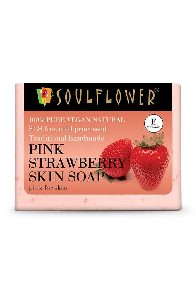 Soulflower Pink Strawberry (Vitamin C Rich) Skin Soap with Natural Butter for Acne Reduction, 150g