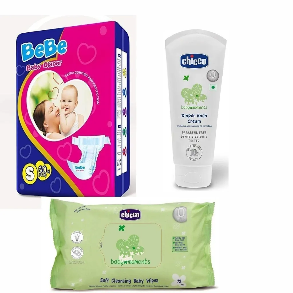 BEBE DIAPER S 60'S [3-6KG],CHICCO Diaper Rash Cream 100g, Chicco Cleansing Wipes (72 Pieces) - Combo
