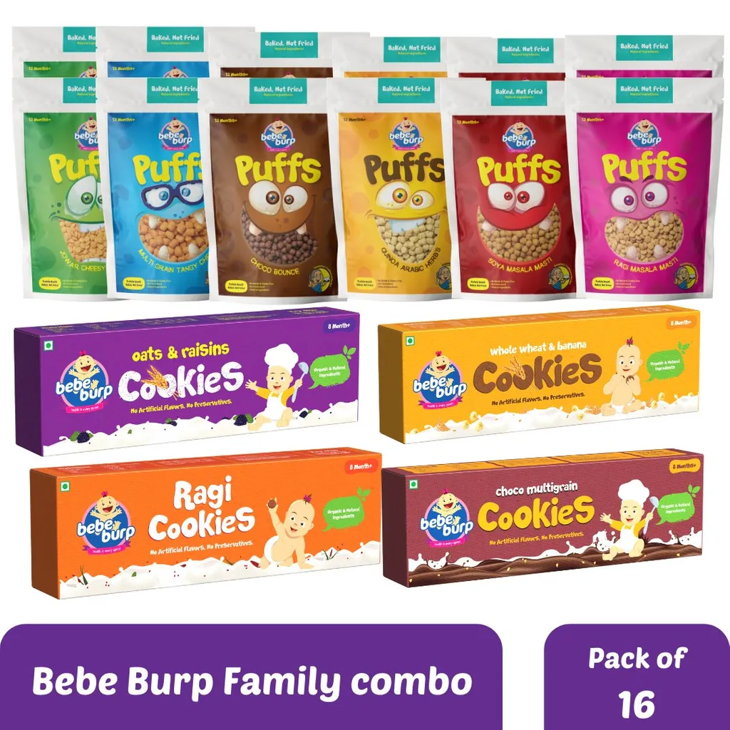 Bebe Burp Organic Family Combo(4 Cookie(150gm each)s+12 Healthy Puff(35gm each))-Pack of 16