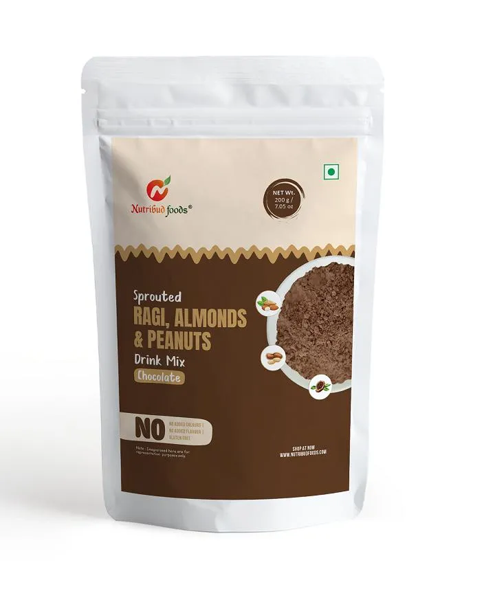 Nutribud Foods Sprouted Ragi, Almonds & Peanuts Drink Mix Chocolate -- Source of Protein, No Added Sugar -- 200 gm