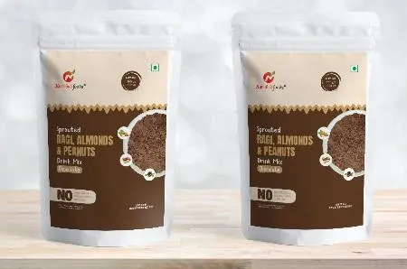 Nutribud Foods Sprouted Ragi, Almonds & Peanuts Drink Mix Chocolate -- Protein & Fiber Rich -- Pack of 2, 200g each