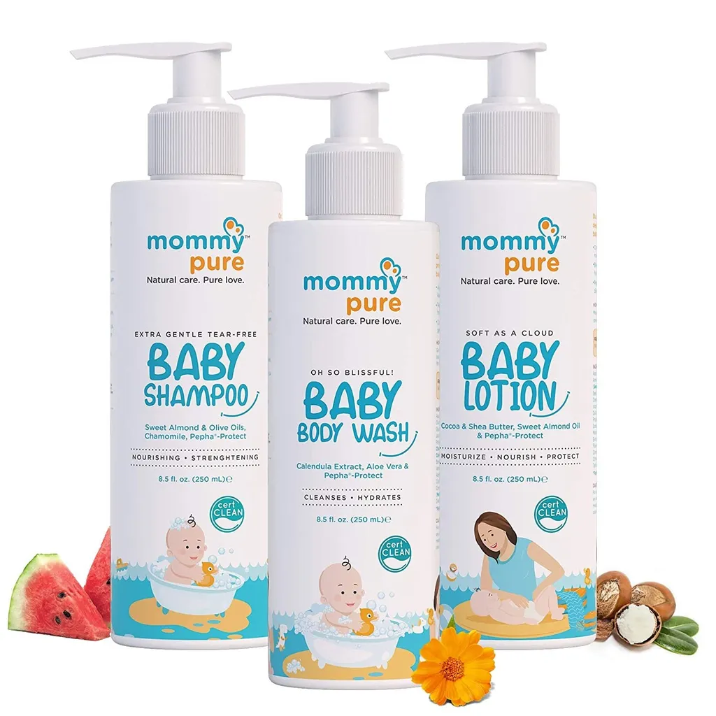MommyPure Baby Skincare Bundle-Body Wash 250ml,Tear-Free Baby Shampoo 250ml,Baby Body Lotion 250ml