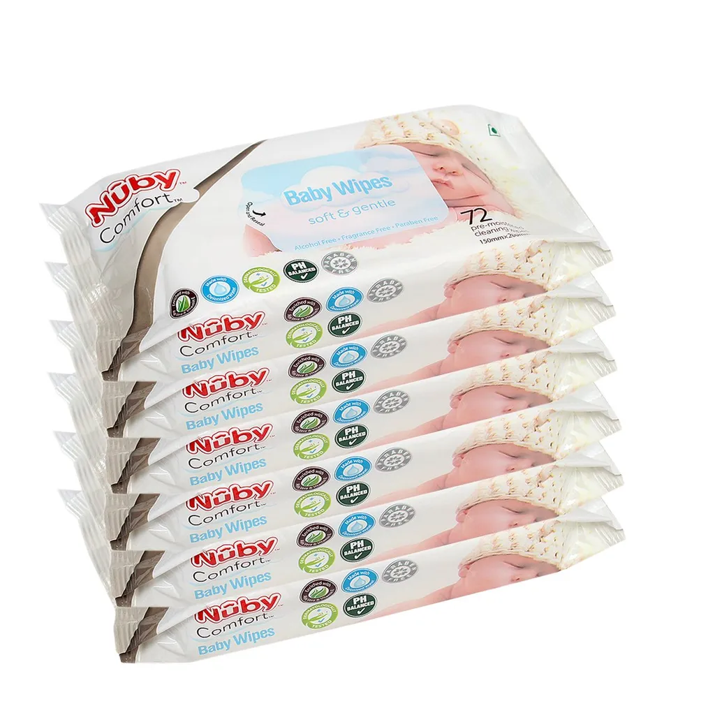 Nuby Pre-moistened Paraben Free soft baby wipes with AloeVera & Vitamin-E (72 Wipes/Pack) Pack of 6