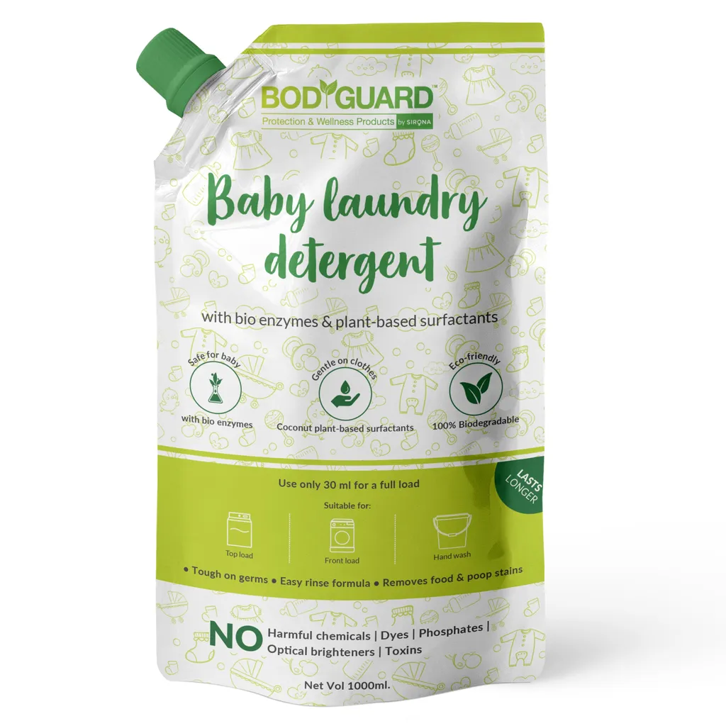 BodyGuard Plant Based Baby Laundry Liquid Detergent - 1 Ltr (Pouch) with Bio-Enzymes & Lemon Oil