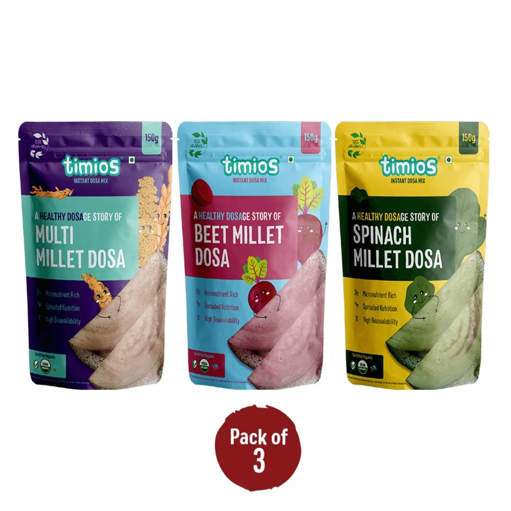 Timios Organic Multi Millet + Spinach + Beetroot Dosa Mix - Pack of 3 (150 g Each)