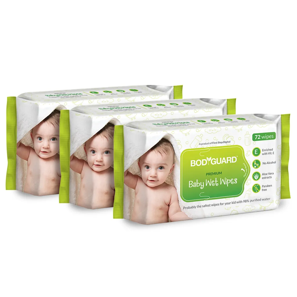BodyGuard Premium Paraben Free Baby Wet Wipes with Aloe Vera - 216 Wipes (3 Pack, 72 each)