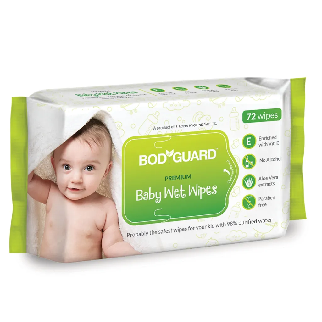 BodyGuard Premium Paraben Free Baby Wet Wipes with Aloe Vera - 72 Wipes (1 Pack, 72 each)