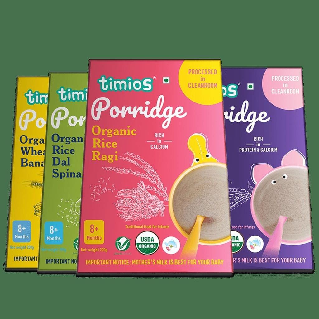 Timios Organic Porridge, Healthy and, Nutritious for Babies 8+ Months, combo Pack of 4 - 200g Each