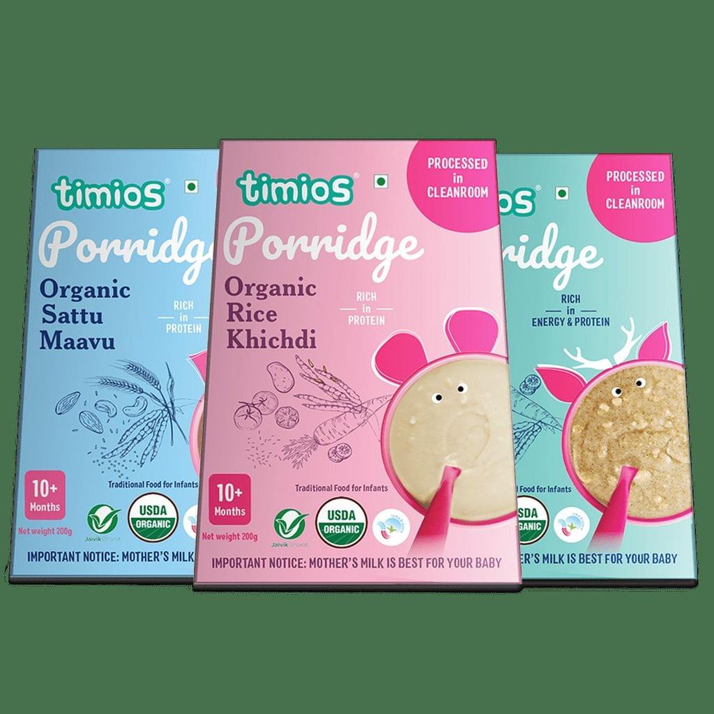 Timios Organic Porridge, Healthy and, Nutritious for Babies 10+ Months, combo Pack of 3 - 200g Each