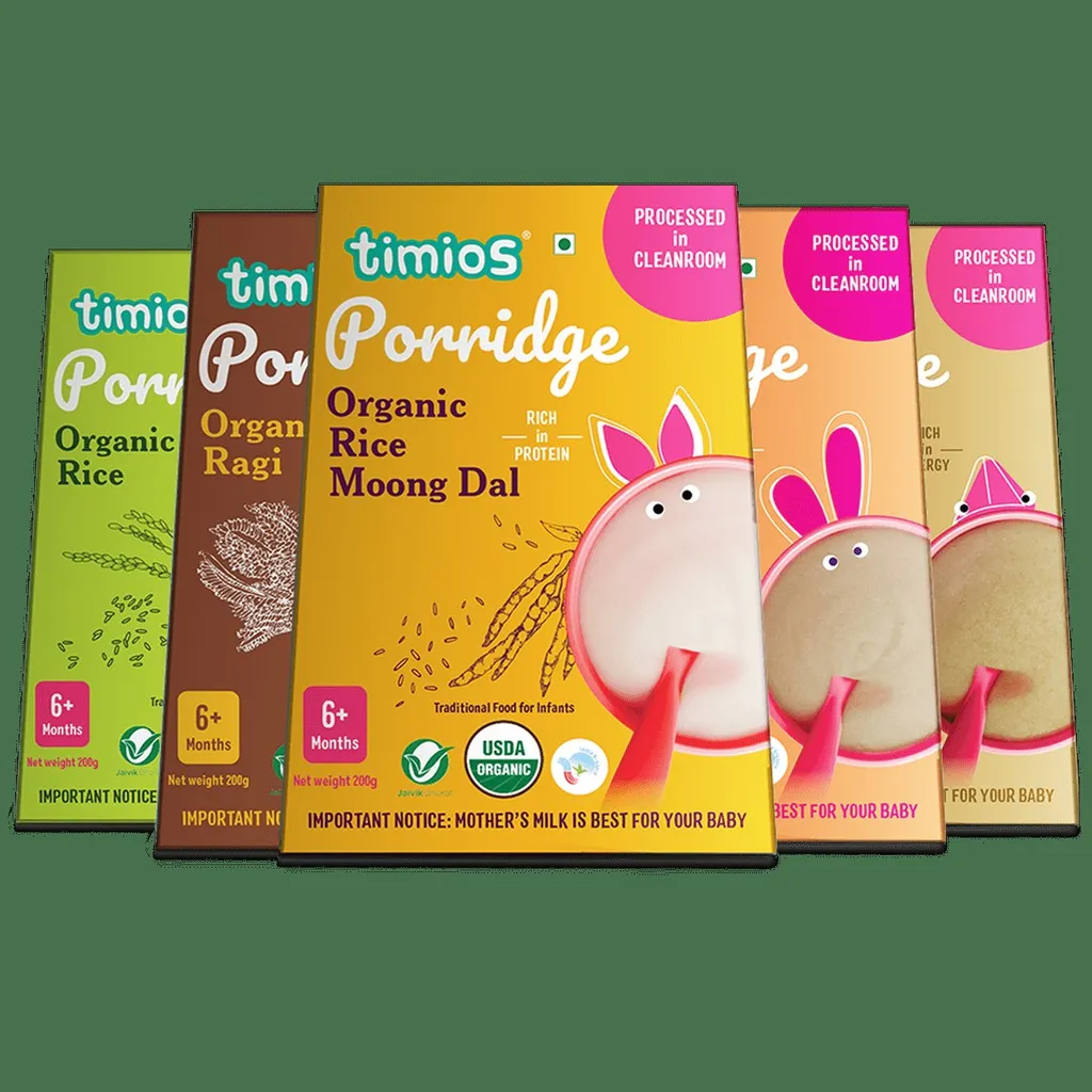 Timios Organic Porridge, Healthy and, Nutritious for Babies 6+ Months, combo Pack of 5 - 200g Each