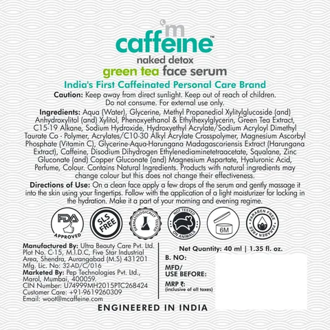 mCaffeine Vitamin C Green Tea Face Serum for Glowing Skin with Hyaluronic Acid - Reduces Dark Spots