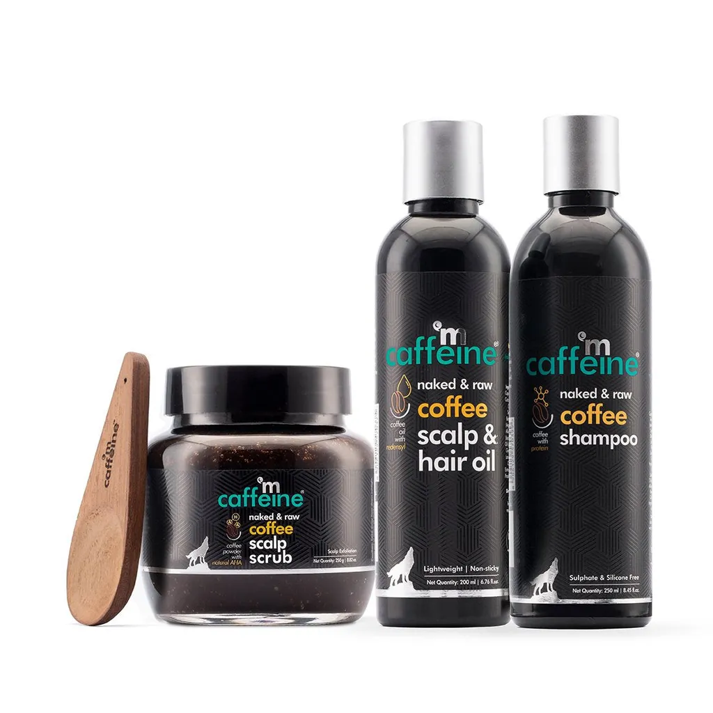 mCaffeine Coffee Hair Fall Control Kit with Protein, Redensyl, Natural AHA & Argan Oil - Shampoo, Hair Oil & Scalp Scrub (700ml)
