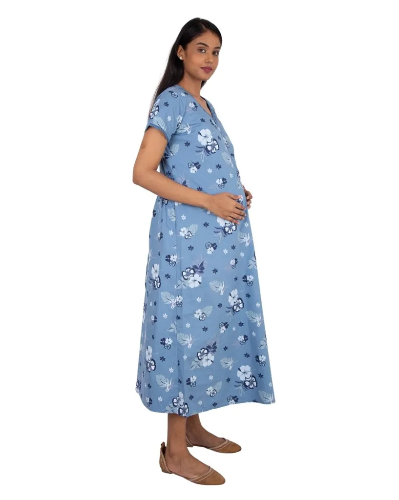 YASHRAM Morph Maternity Teapot Blue Nursing Night Gown With Vertical Nursing