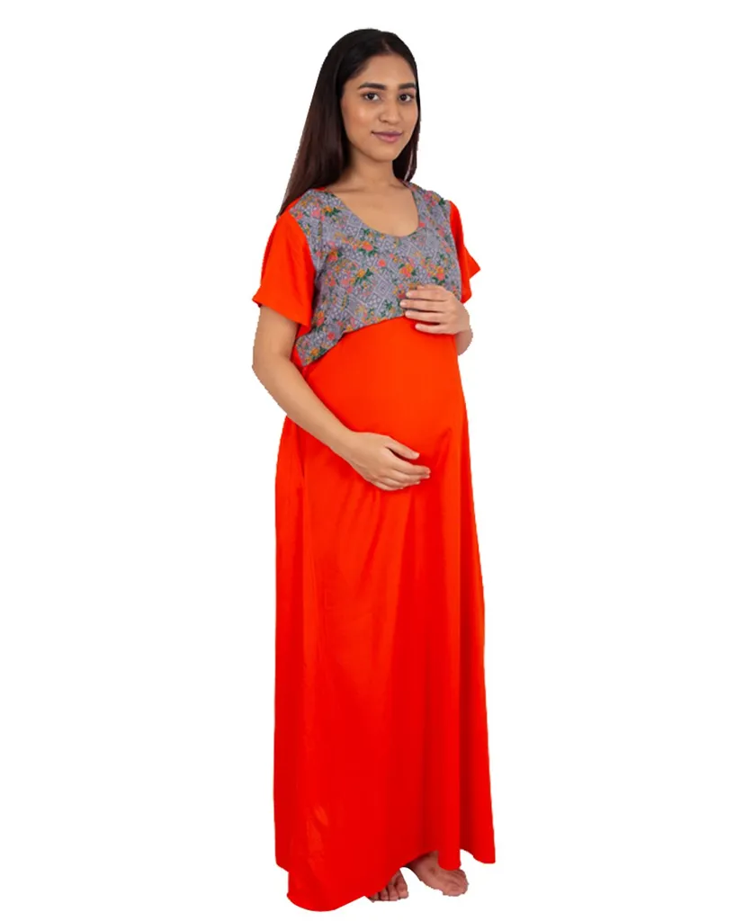 YASHRAM Morph Maternity Orange Feeding Night Gown With Horizontal Nursing Under The Flap.