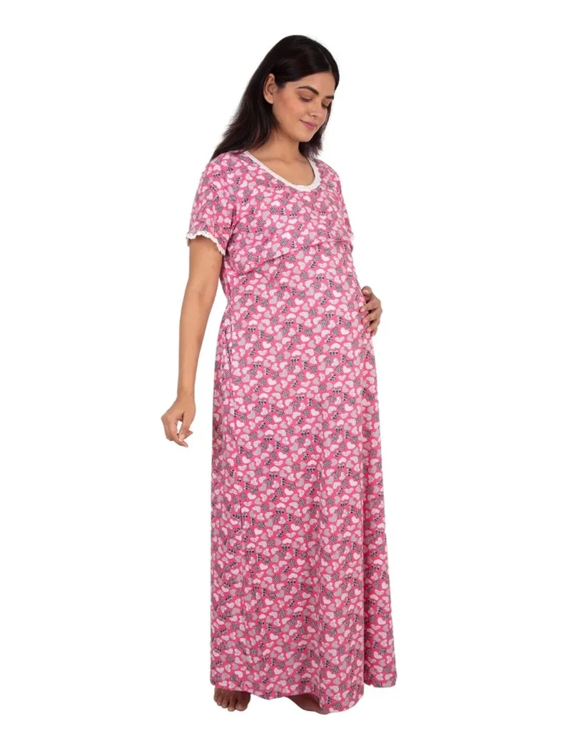 YASHRAM Morph Maternity Pink Heart Printed Feeding Night Gown With Horizontal Nursing Under The Flap.