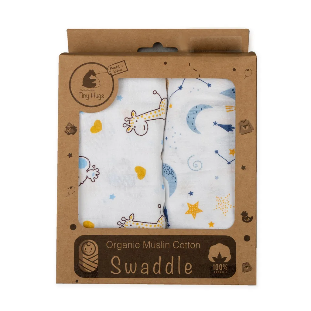 Tiny Hugs Elementary Organic Cotton Muslin Swaddle Wrapper Moon & Giraffe Printed
