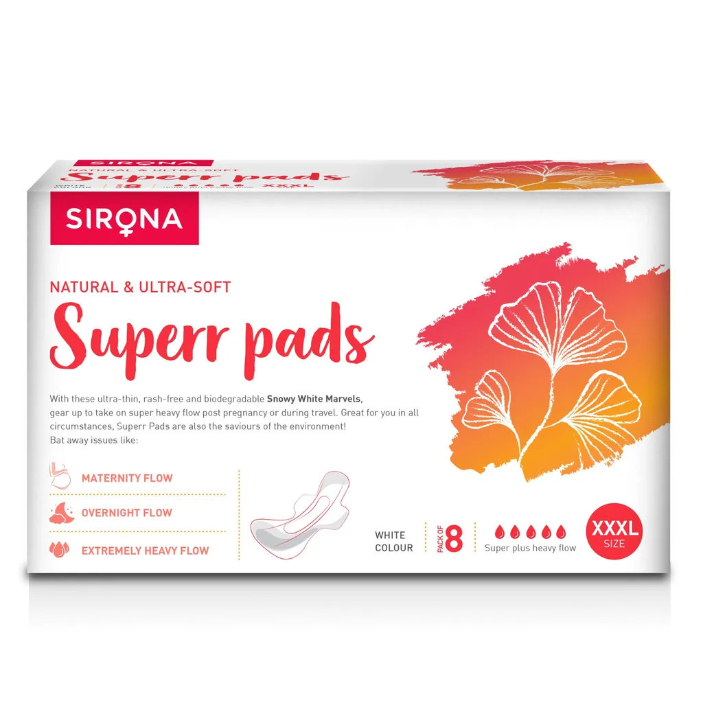 Sirona Sirona Natural Ultra Soft Super Pads - 8 Pieces (420mm) for Maternity Flow, Extremely Heavy Flow