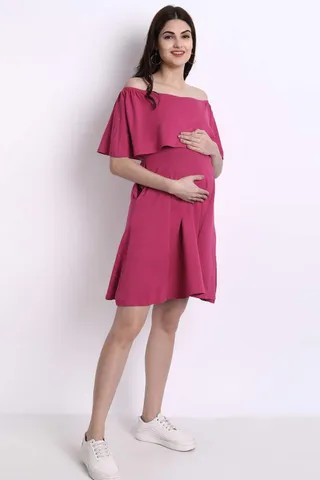 MoMoms Cold Shoulder Maternity and Nursing Skater Pink Dress with a Cape