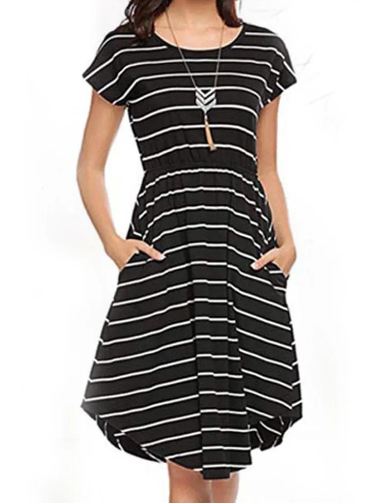 MoMoms White and Black Striped Easy feeding Maternity Dress with no zips