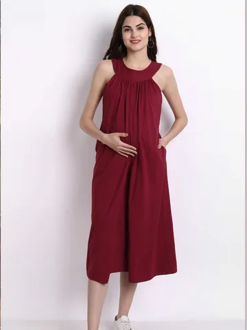 MoMoms Easy and Covered Breastfeeding Red Dress for Maternity & Nursing Needs