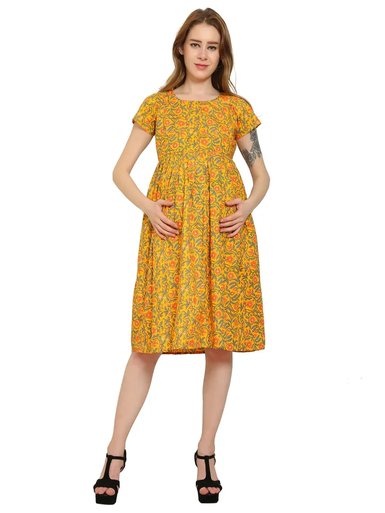 Maternity Dress Pure Cotton Yellow Color Fit and FlareFeeding Dress,Pre and Post Pregnancy
