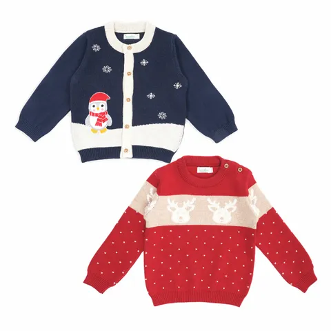 Greendeer Penguine and Reindeer Sweater Combo - Navy and Red - Set of 2
