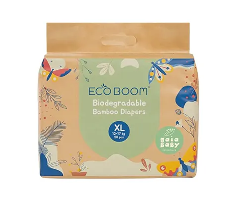 Gaia Baby Eco Boom Premium Bamboo Eco-Friendly Diapers Rash Free, Super Dry, Quick Absorb, Tape Style Diaper for Baby 28 pcs/pack-Size Extra Large Diapers (Pack of 1)