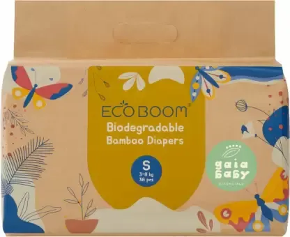 Gaia Baby Eco Boom Premium Bamboo Eco-Friendly Diapers Rash Free, Super Dry, Quick Absorb, Tape Style Diaper for Baby 36 pcs/Pack-Size Small Diapers (Pack of 1)