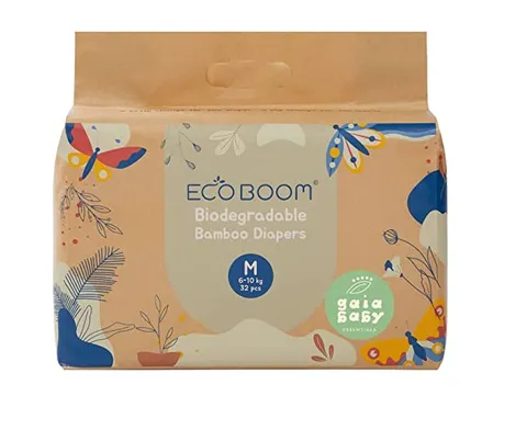 Gaia Baby Eco Boom Premium Bamboo Eco-Friendly Diapers Rash Free, Super Dry, Quick Absorb, Tape Style Diaper for Baby 32 pcs/pack-Size Medium Diapers (Pack of 1)