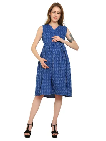 Maternity Dress Pure Cotton Katha Print Blue Color Feeding Dress,Pre and Post Pregnancy