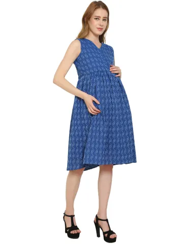 Maternity Dress Pure Cotton Katha Print Blue Color Feeding Dress,Pre and Post Pregnancy