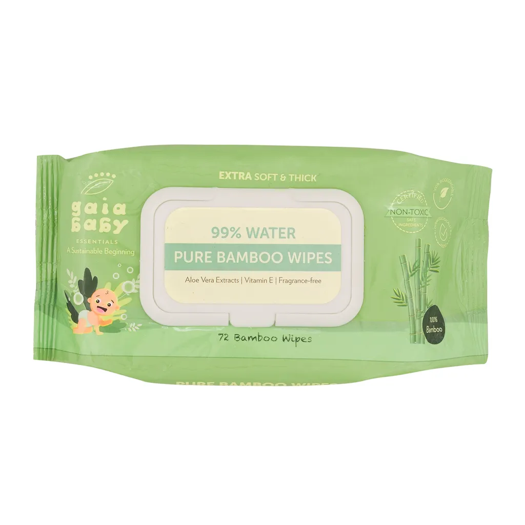 Gaia Baby Essentials 100% Pure Bamboo Fabric Wet Wipes, Toddler & Baby Wipes, 99 % Water Based Wipes, Fragrance-free & Hypoallergenic for Sensitive Skin, 100% Pure Bamboo Fabric, 0% Synthetic Fabric, Right amount of Wetness, 72 pcs/Pack