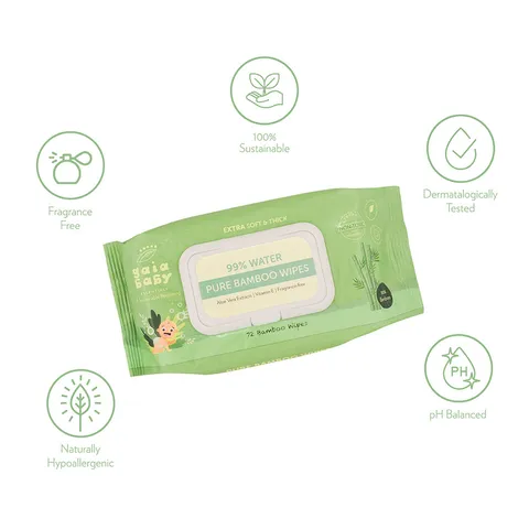 Gaia Baby Essentials 100% Pure Bamboo Fabric Wet Wipes, Toddler & Baby Wipes, 99 % Water Based Wipes, Fragrance-free & Hypoallergenic for Sensitive Skin, 100% Pure Bamboo Fabric, 0% Synthetic Fabric, Right amount of Wetness, 72 pcs/Pack