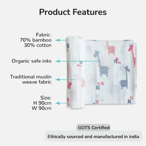 TinyLane 100% Organic Bamboo Cotton Muslin Baby Swaddle Wrapper Giraffe Print- Multicolor