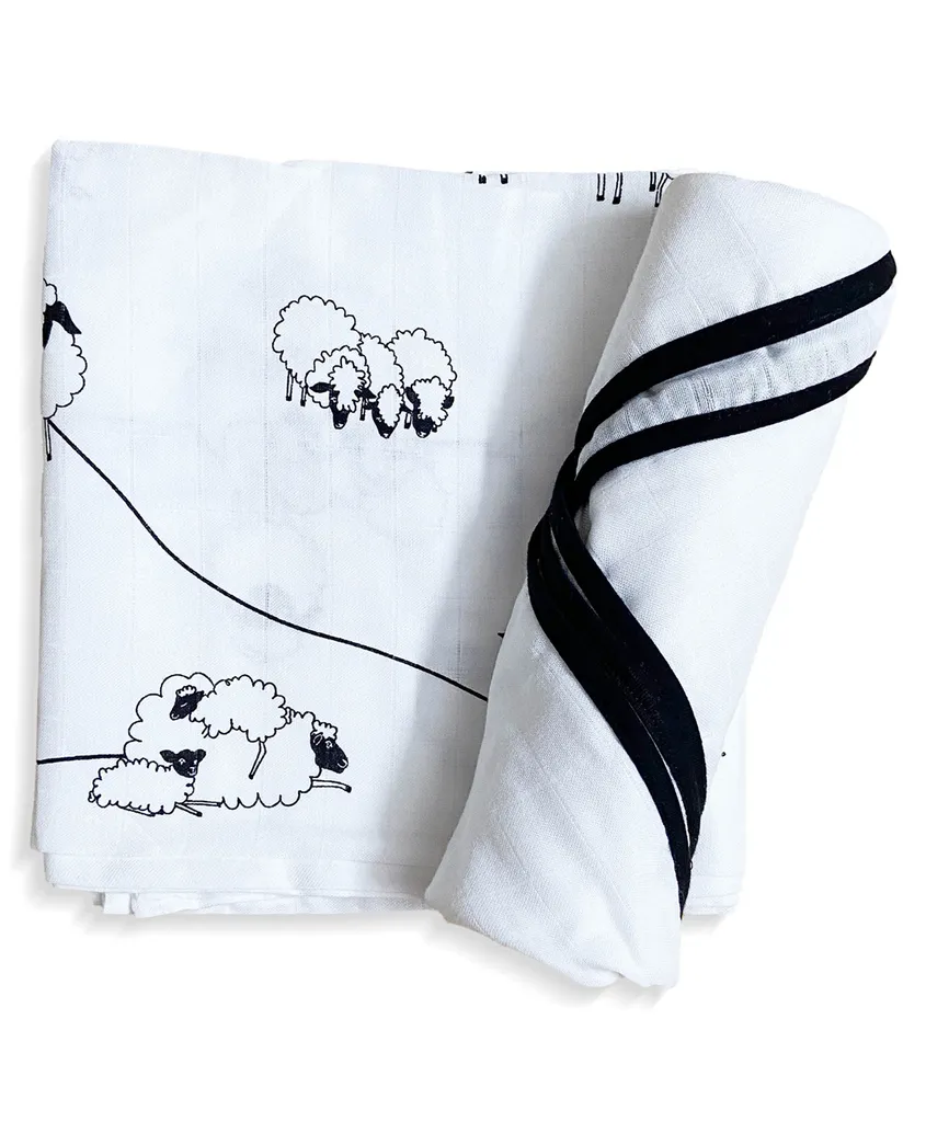 TinyLane 100% Organic (70% Bamboo + 30% Cotton) Super Soft Baby Muslin Swaddle Wrap (Pack of 2, Sheep & Classic White Design)
