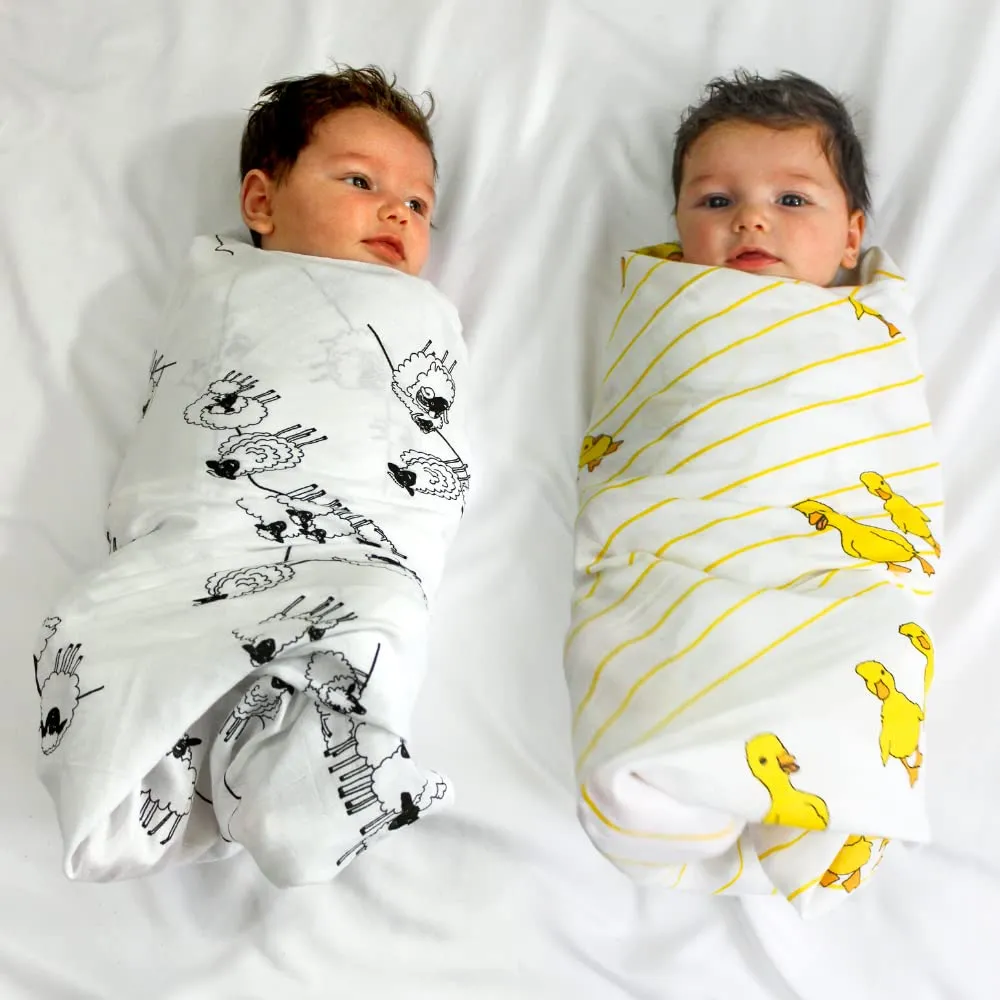 TinyLane 100% Organic (70% Bamboo + 30% Cotton) Super Soft Baby Muslin Swaddle Wrap (Pack of 2, Duck & Sheep Design)