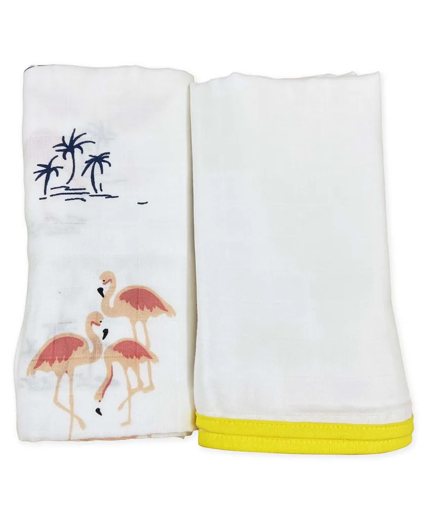 TinyLane 100% Organic (70% Bamboo + 30% Cotton) Super Soft Baby Muslin Swaddle Wrap (Pack of 2, Flamingo & Classic White Design)
